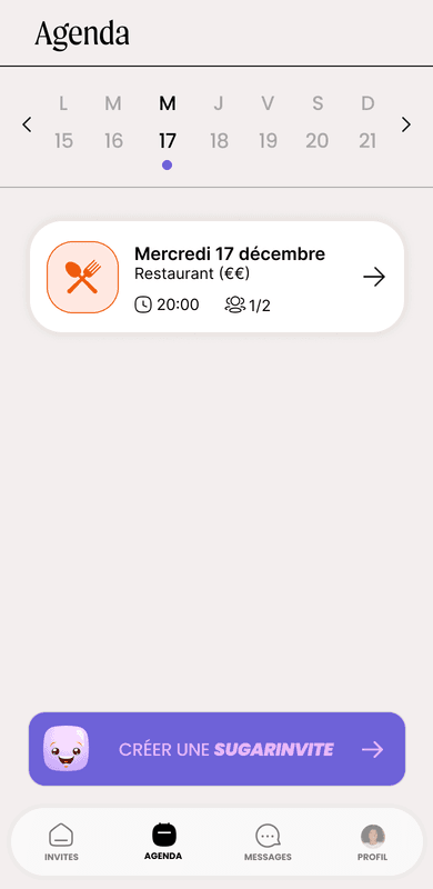 Écran Agenda de l’app : la sortie confirmée apparaît au calendrier de la semaine.
