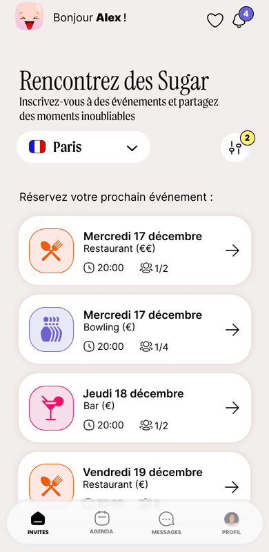 Écran Invites de l’app : SugarInvites proposées à Paris — restaurant, bowling, bar — avec date, heure et places disponibles.